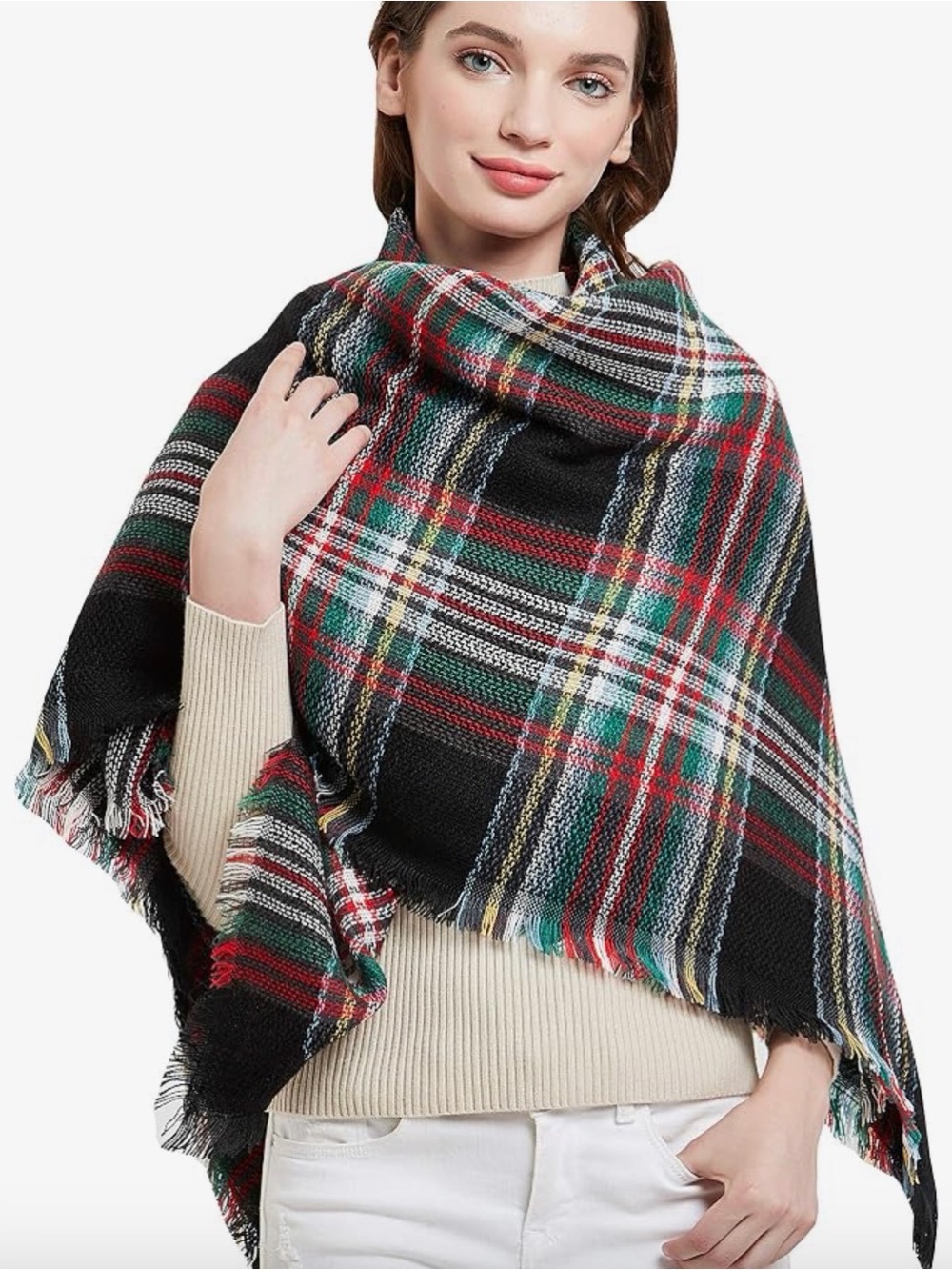 Wander Agio Women's Plaid Fringe Scarf Wrap - Black Red Green White-NWT